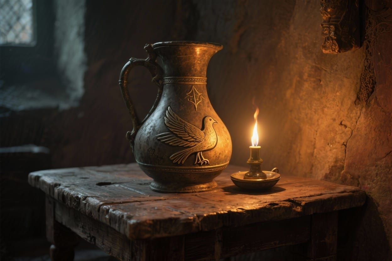 Ancient Oil Lamp with Dove, Glowing Mysteriously