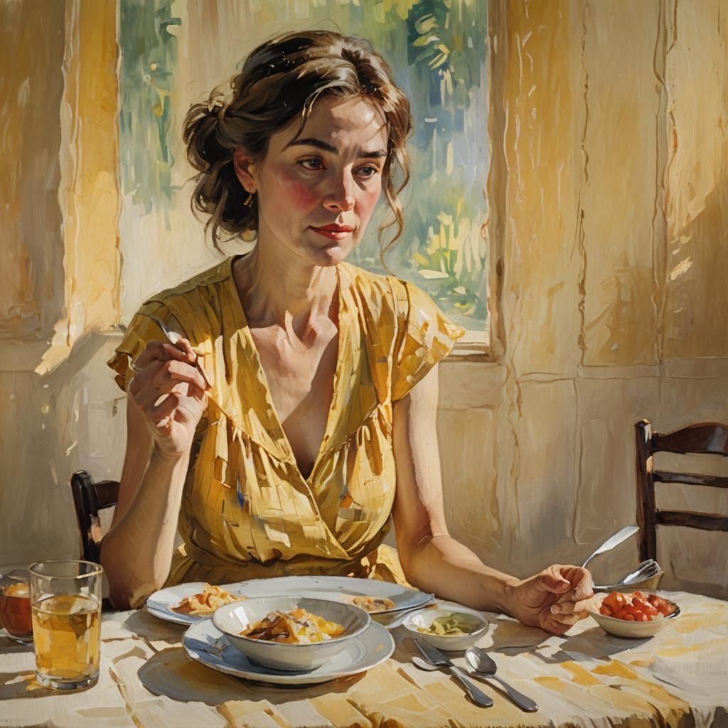 Impressionist Woman at Lunch in Golden Hour