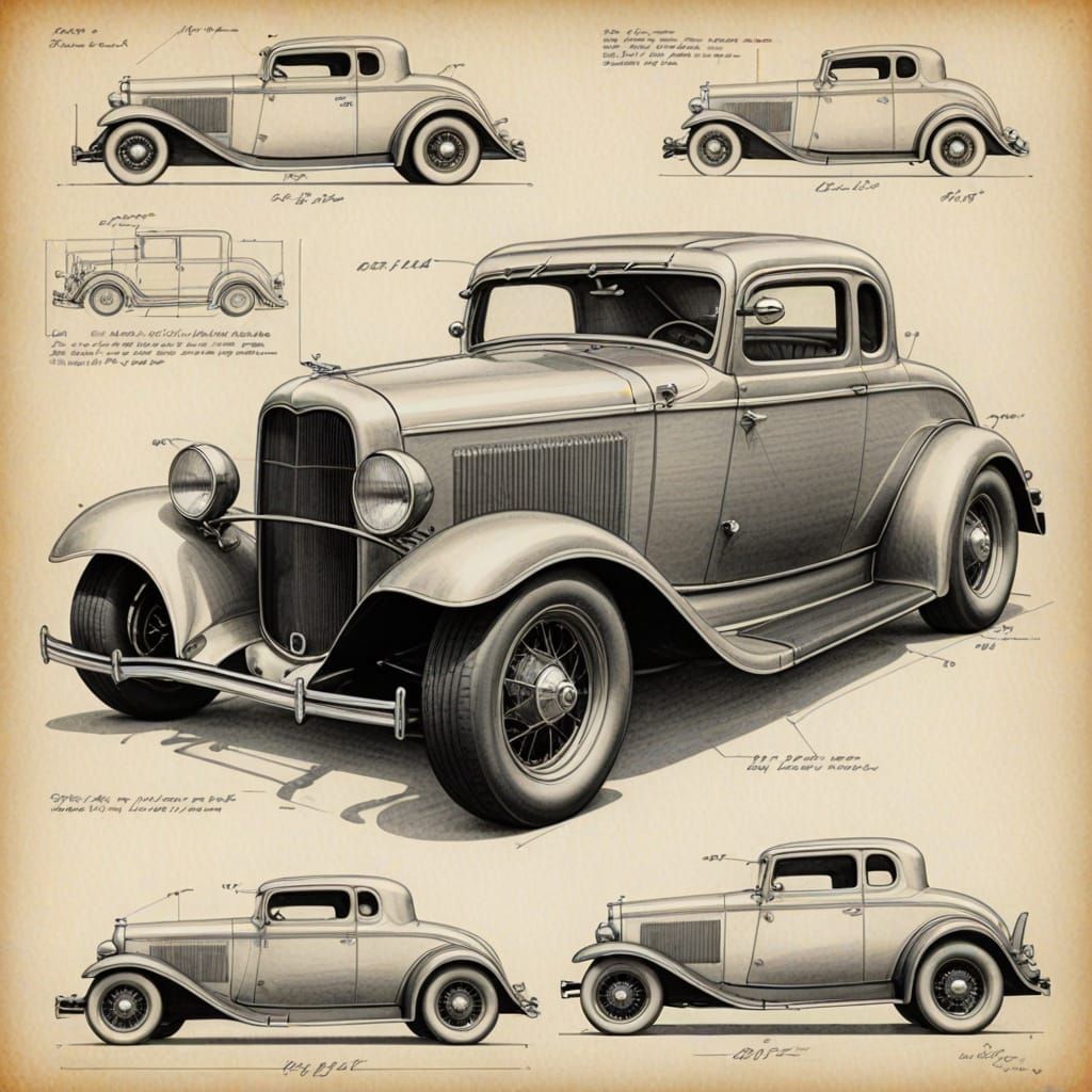 diagrammatic style of 1932 Ford coupe, technical drafting pencil drawing