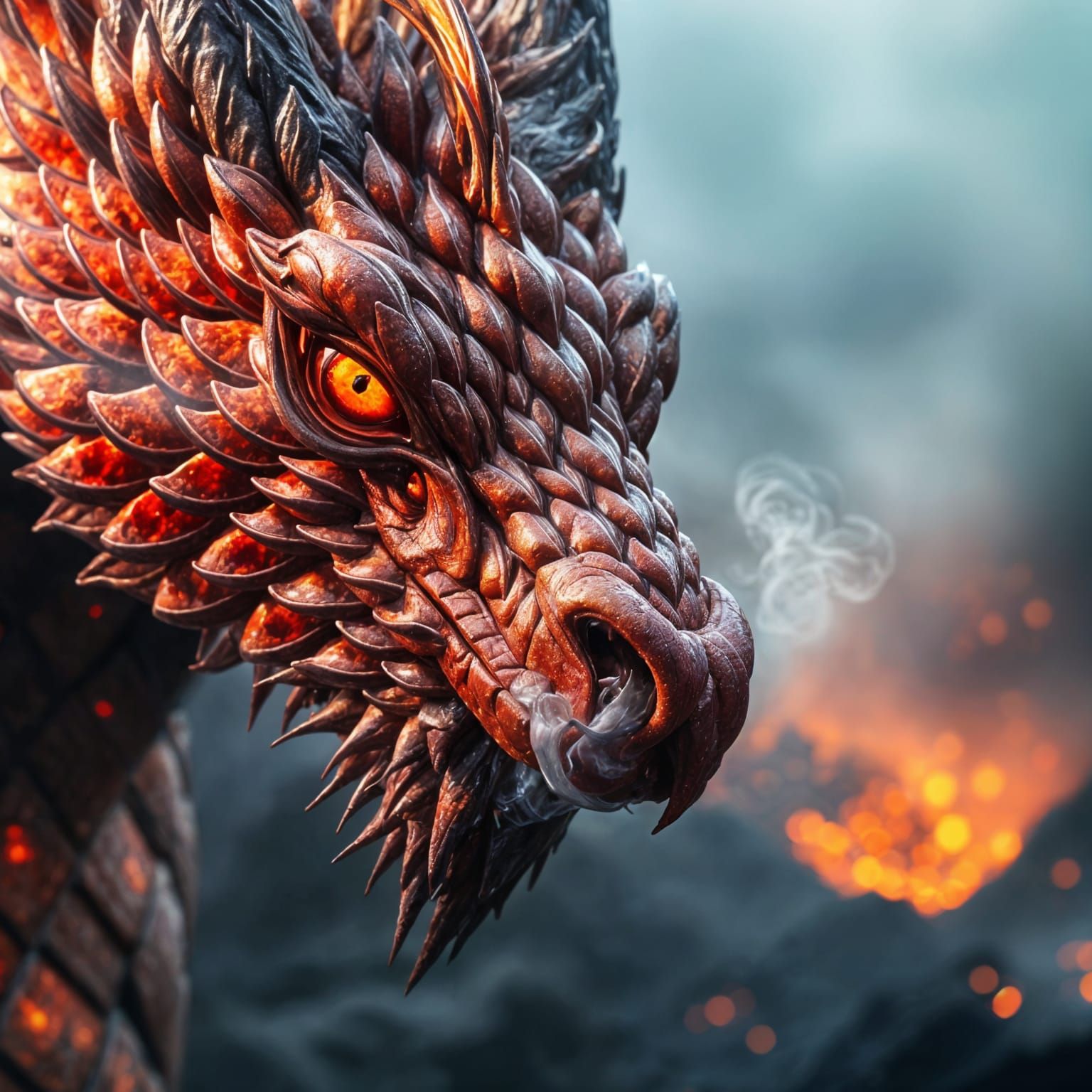 Close-up of a Fire-Scaled Dragon in Volcanic Mist