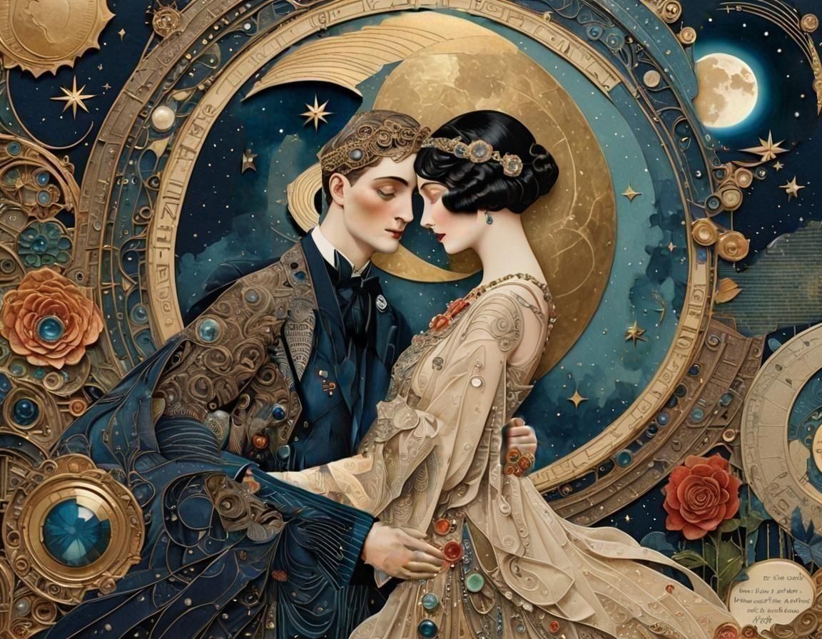 Art Deco Lovers Embrace Under Moonlight