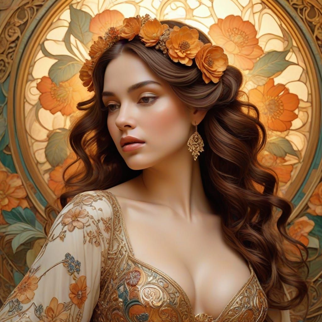 Art Nouveau Spanish Woman with Floral Skin Adornments