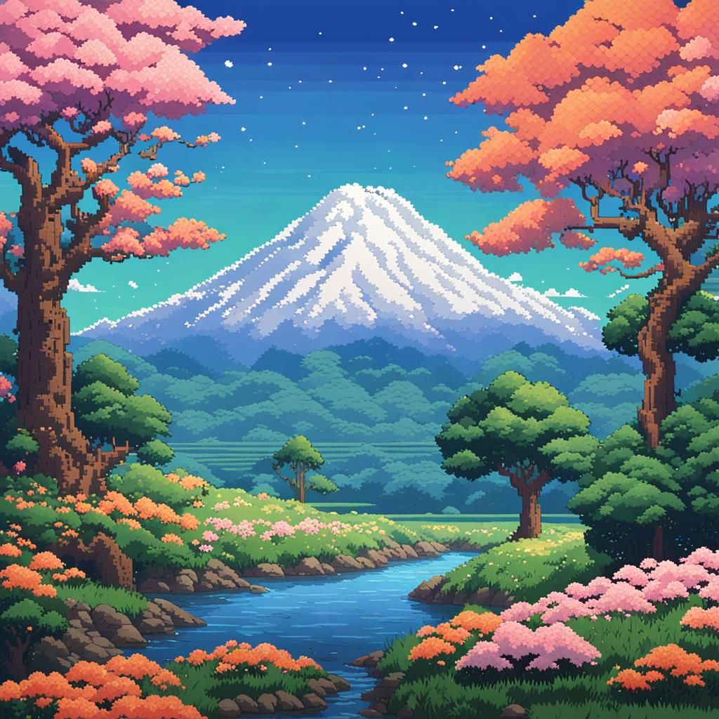 Pink Tree in Pixel Art Anime Landscape