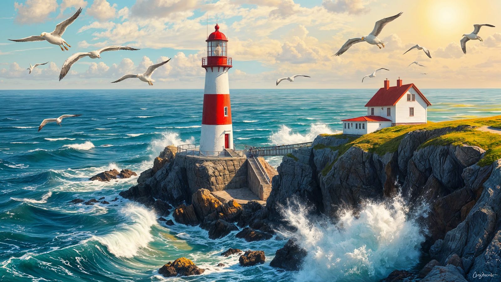 Coastal Lighthouse Acrylic Painting with Crashing Waves