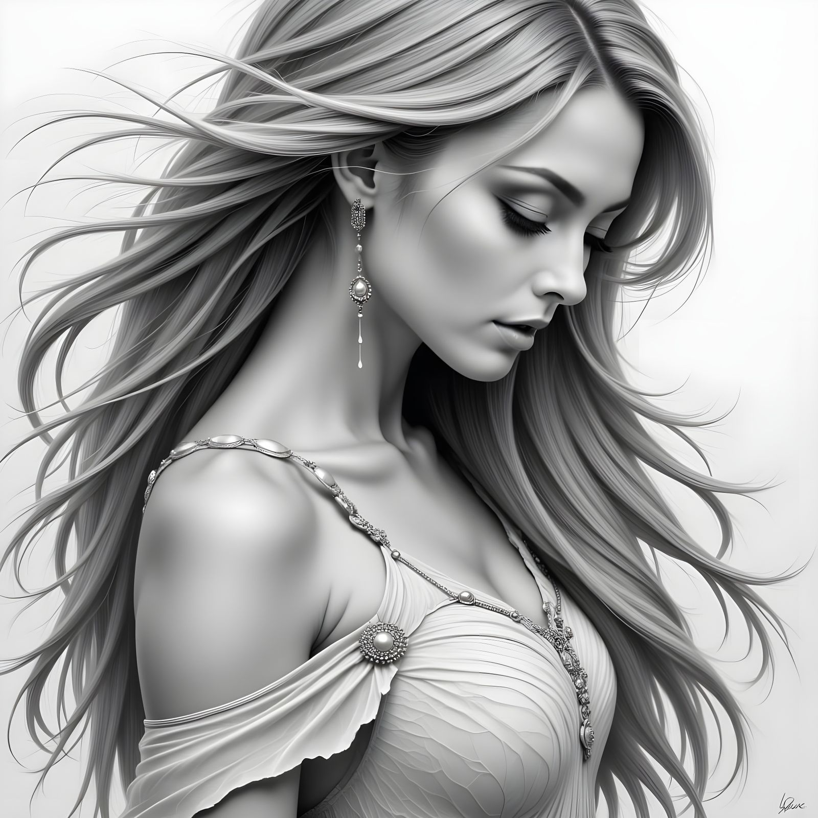 Elegant Norse Goddess Portrait in Charcoal and Pencil