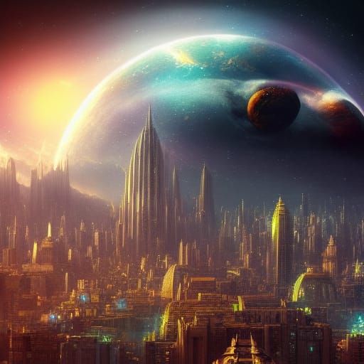 Epic Cosmic Cityscape: Digital Matte Painting