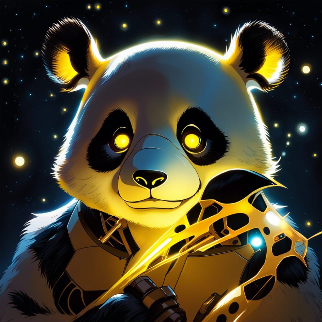 Illuminated Panda Bear Confronts Skeletal Echo