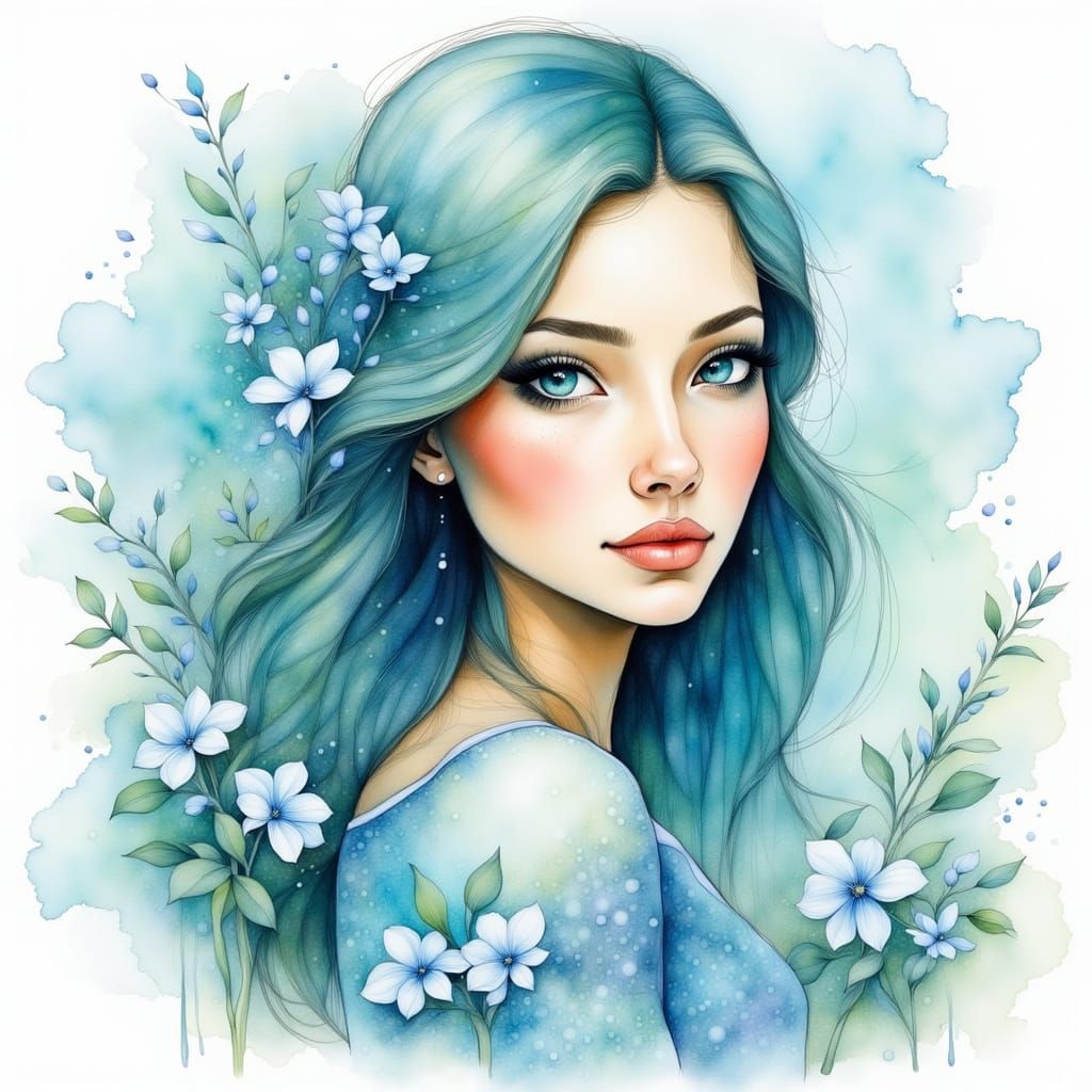 Pretty Woman with Turquoise Eyes and Teal Hair in Watercolou...