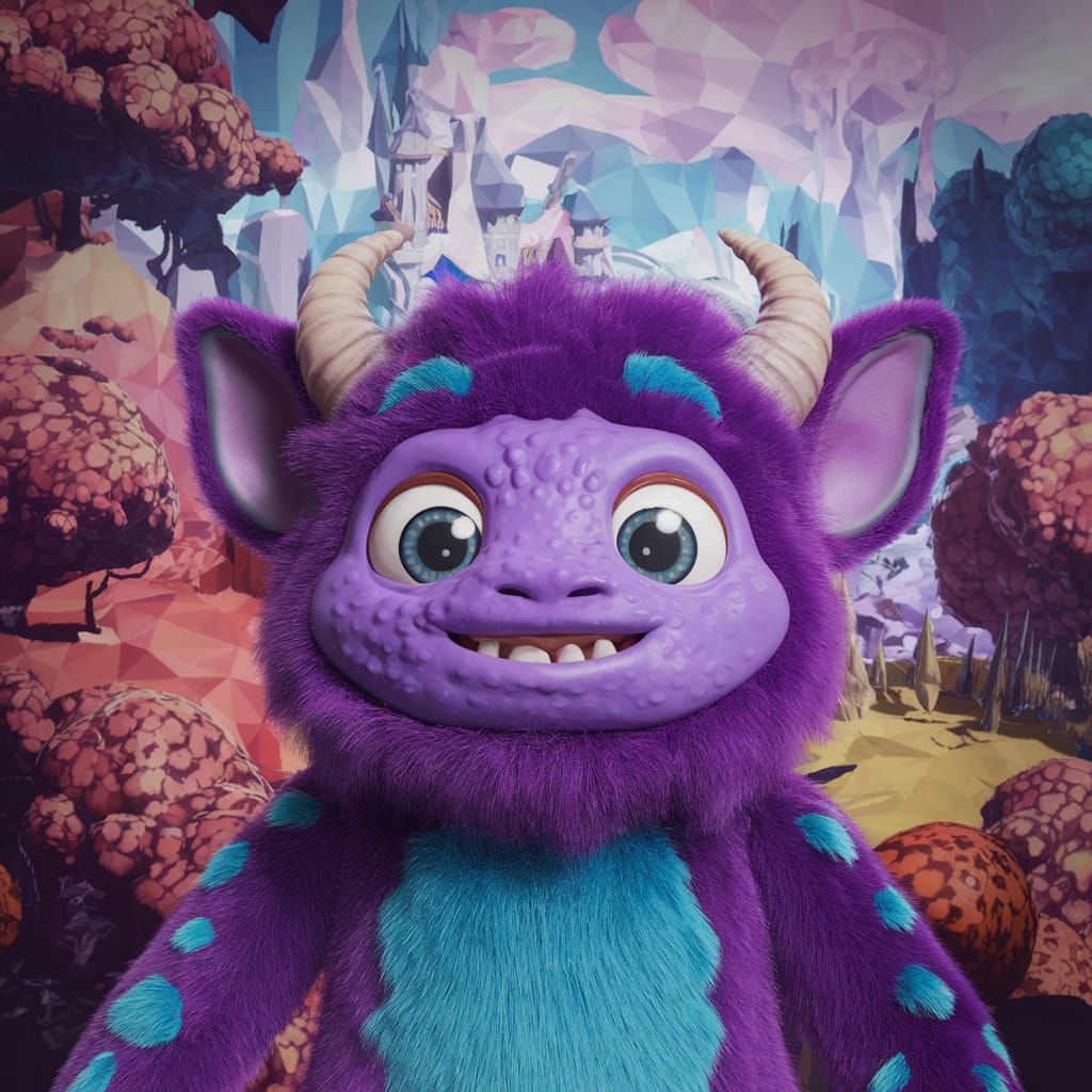 Cute Purple Furry Monster with Blue Spots and Horns