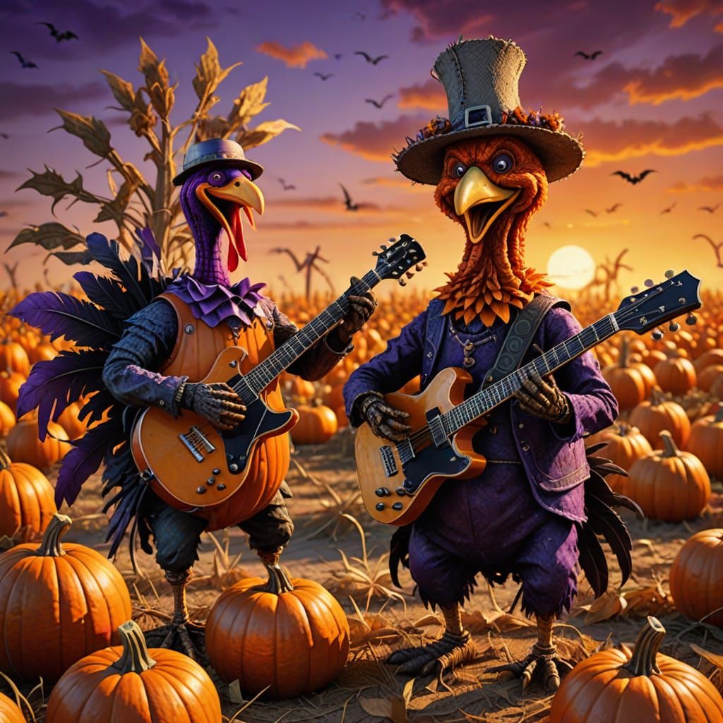 Heavy Metal Turkey Rocks Out With Laughing Scarecrow