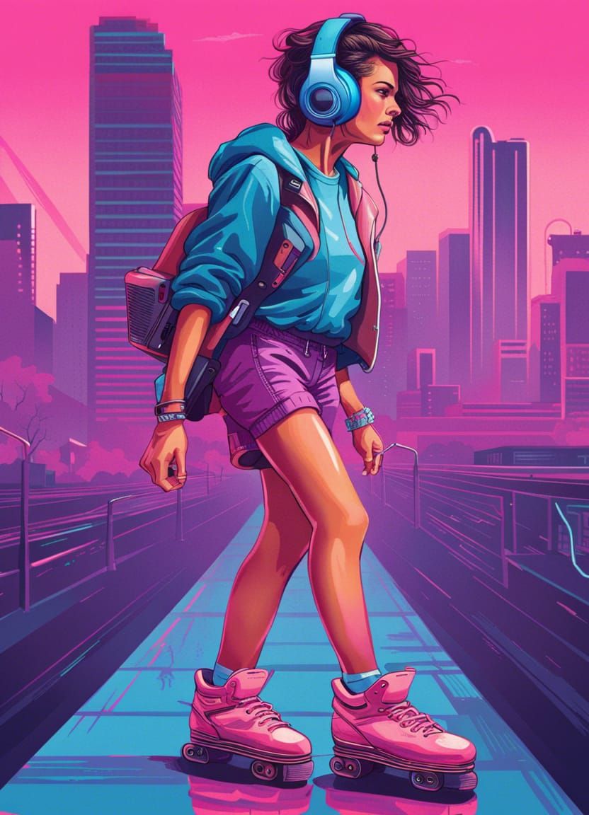 Girl on Rollerblades: 1980s Synthwave Aesthetic