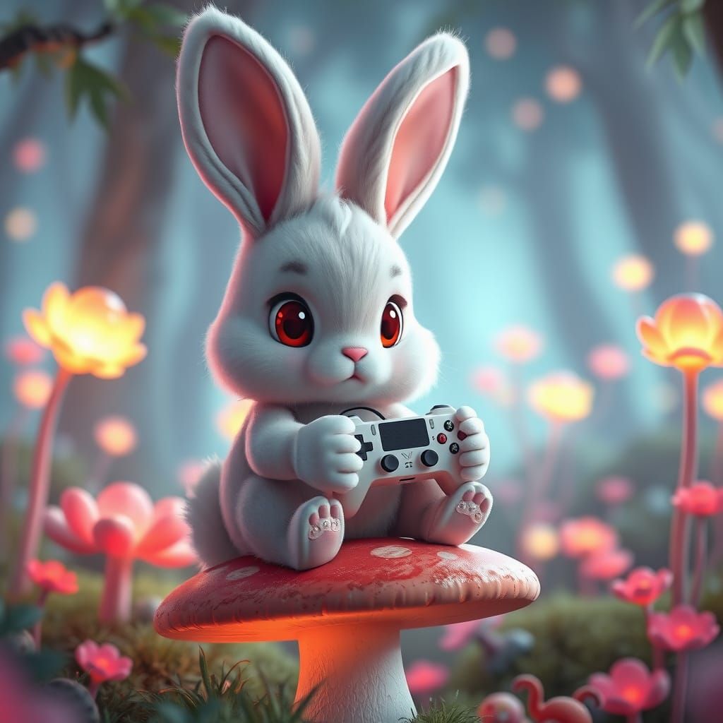 Whimsical 3D Anime Bunny Plays Video Games in Enchanted Fore...