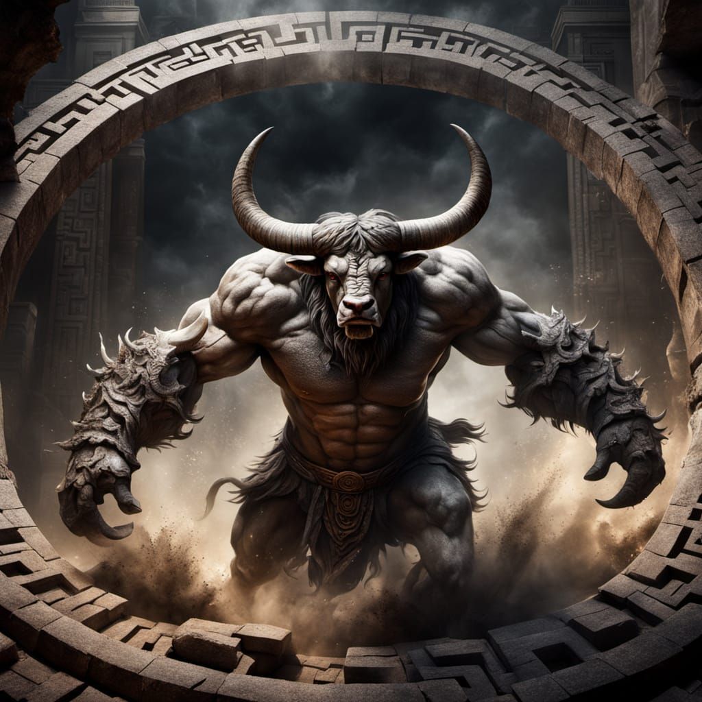 Hyperrealistic Minotaur Charging Through Labyrinth