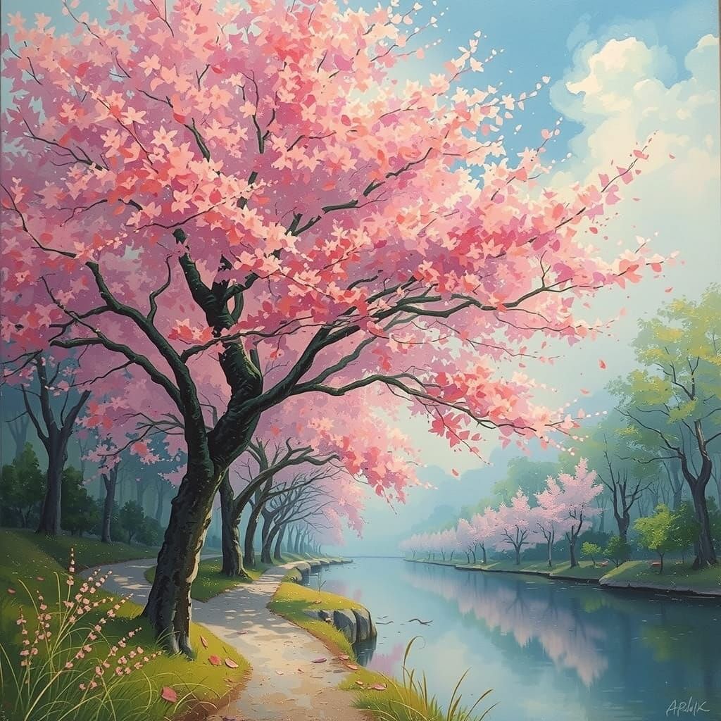 Pink Cherry Trees in Animated Fantasy Style