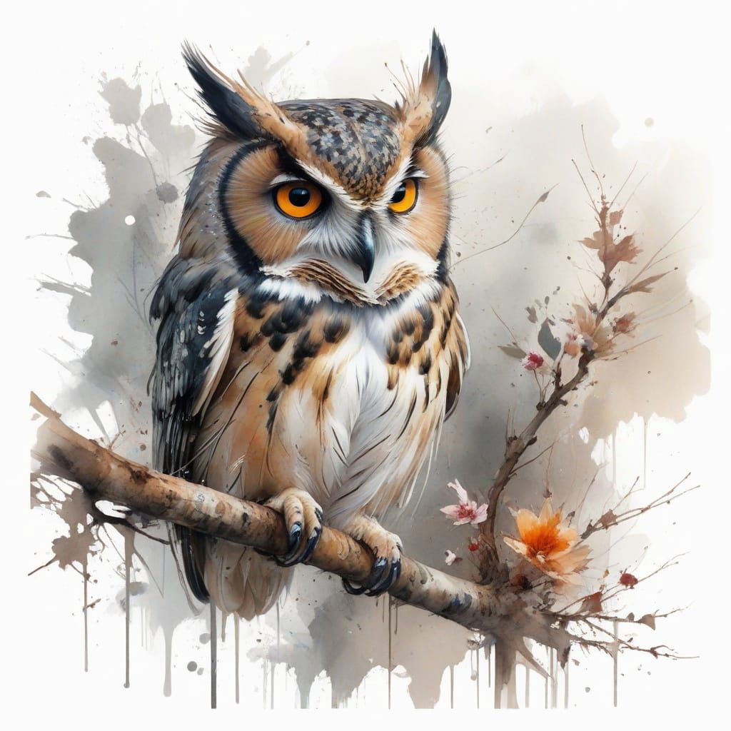 Expressive Watercolour Owl Perched on Branch