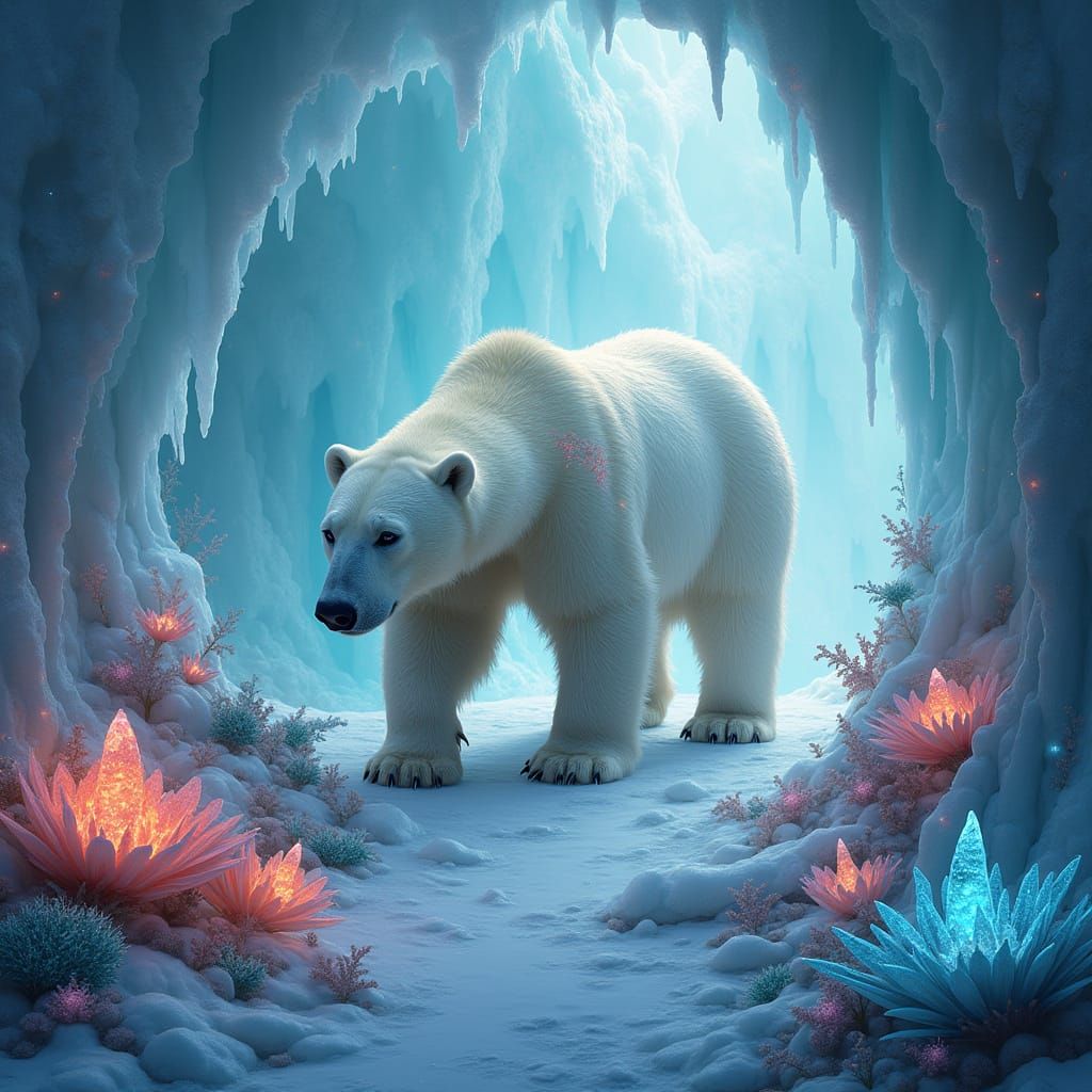 Regal Polar Bear in Bioluminescent Tribal Tattoos, Glacial C...