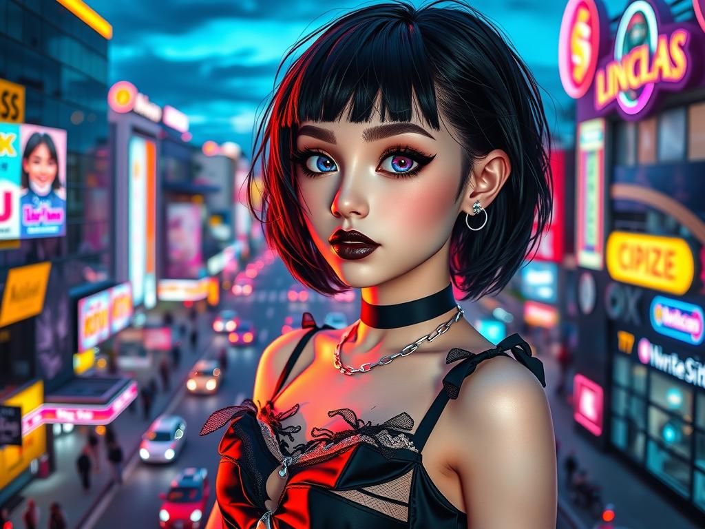 Goth Girl in Quantum Neon Cityscape, Anime Art