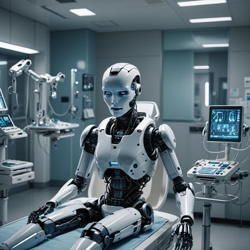 Humanoid Robot Assistant in Futuristic Hospital, Digital Art