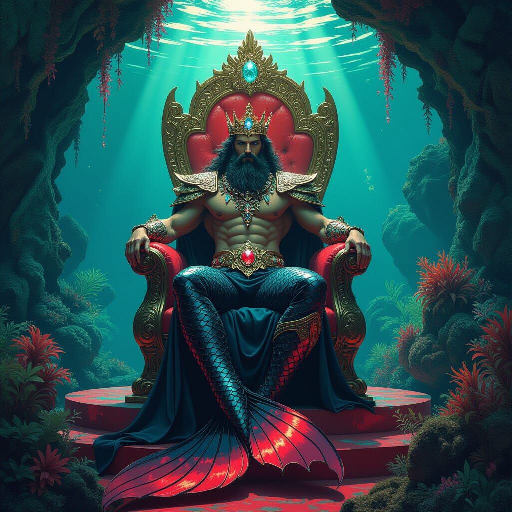 Merman King on Coral Throne in Art Nouveau Style