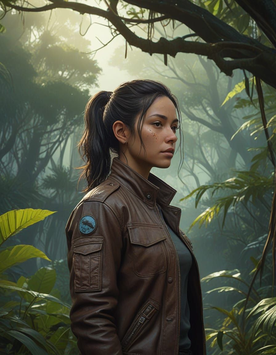 Heroic Jungle Explorer Amidst Lush Exotic Flora