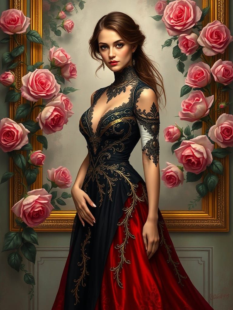Elegant Woman in Red and Black Gown