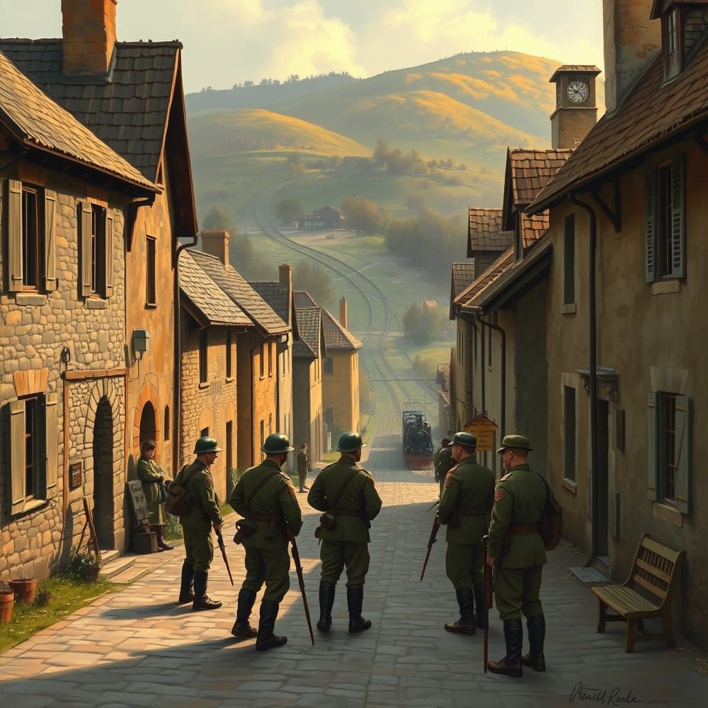 Checkpoint in 1940s Village Square, Nostalgic Painting