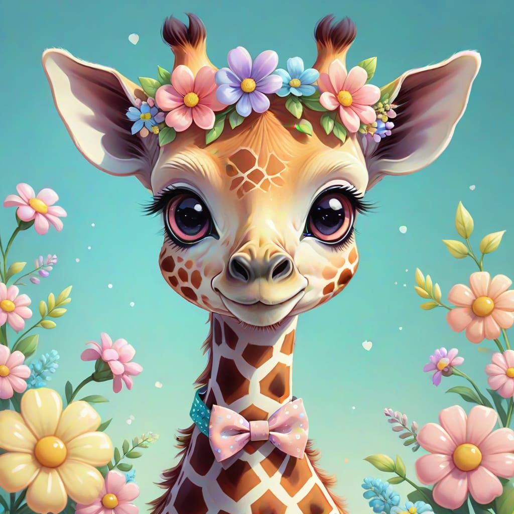 Kawaii Giraffe Digital Art with Bow Tie