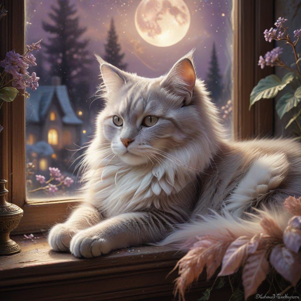 Fluffy Cat Sleeps Under Starry Moonlight Sky