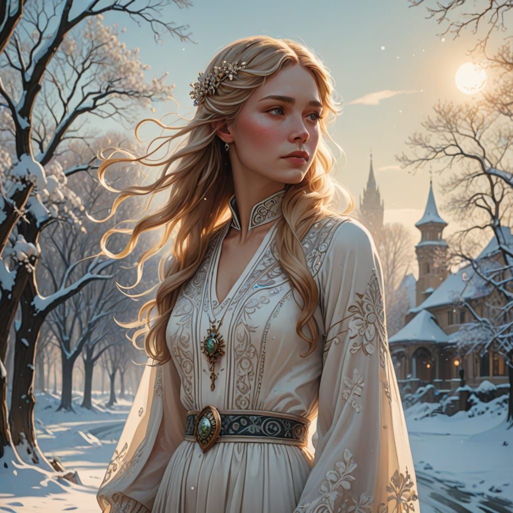 Jugendstil Woman in Snowy Landscape