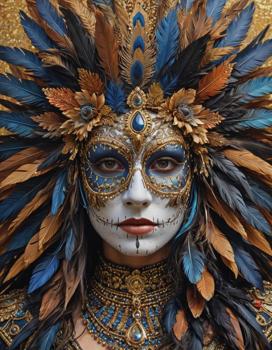 Pointillist Portrait of Woman in Crow Mask