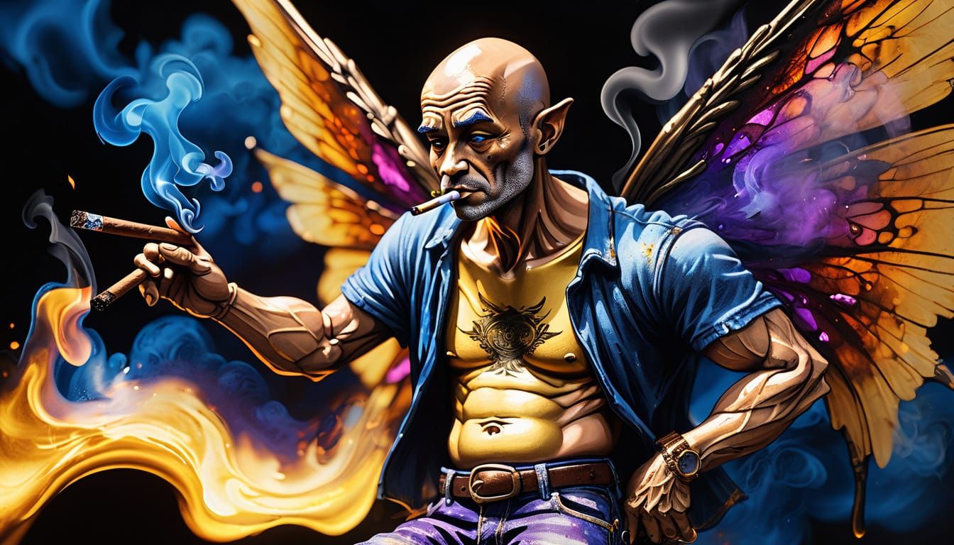 Hyperrealistic Potbelly Fairy Smoking Cigar in Alcohol Ink S...