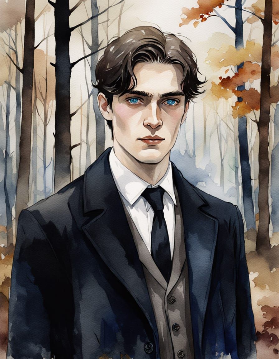 Elegant Portrait in Dark Academia Watercolor Style