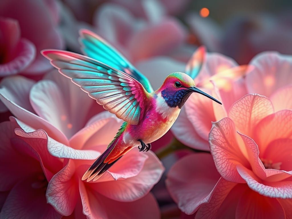 Surreal Fractal Hummingbird Soars in Luminous Flight
