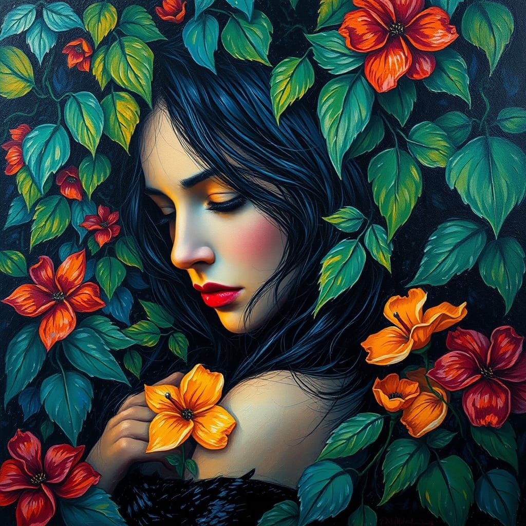 Woman in Forbidden Garden: Neo-Impressionist Oil Painting