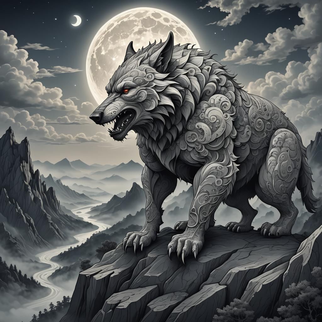 Werewolf Howling at Moon over Misty Valley
