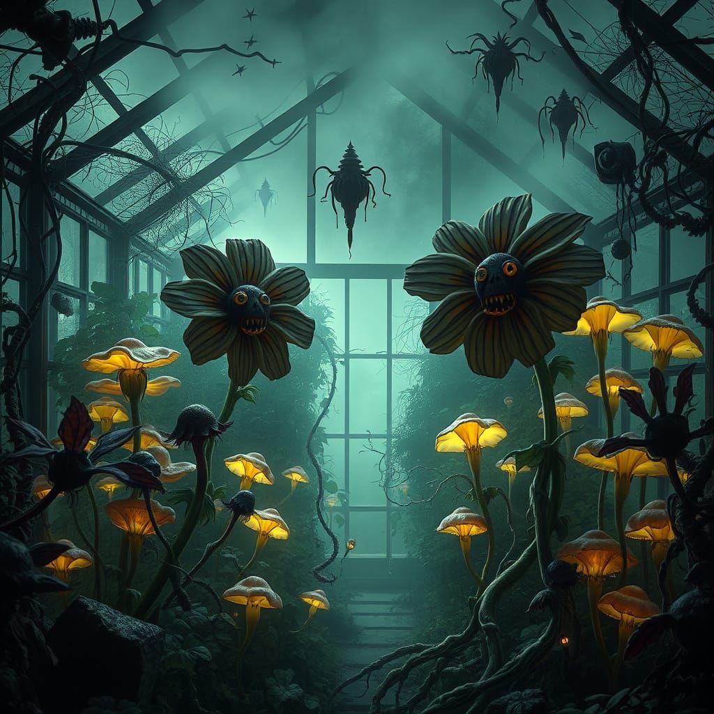 Eerie Overgrown Garden with Glowing Fungi