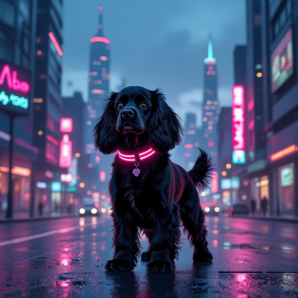 Cocker Spaniel in Retro-Futuristic Neon Cityscape