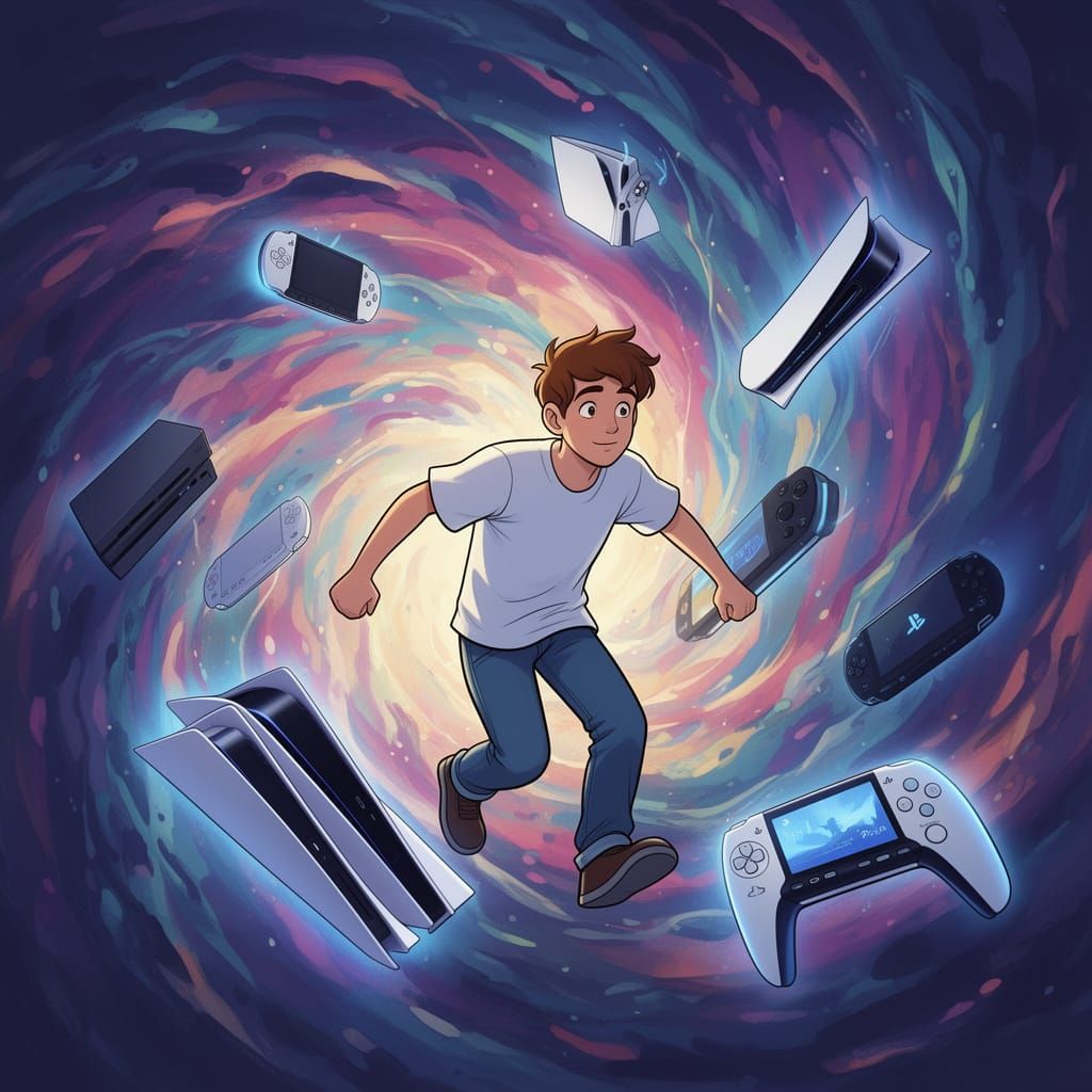 Teen Enters PlayStation Vortex in Vibrant Cartoon Style