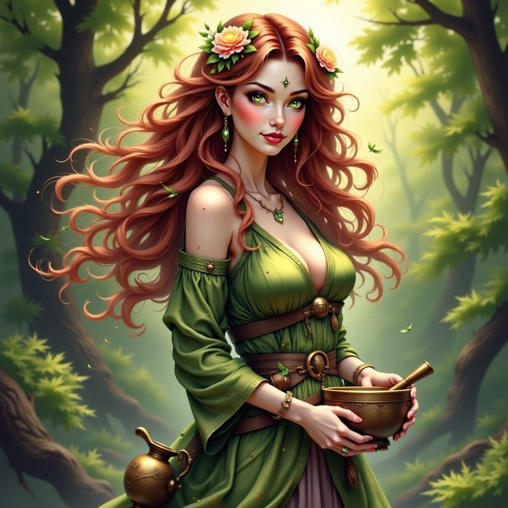 Anime Herbalist in Enchanted Forest Glade