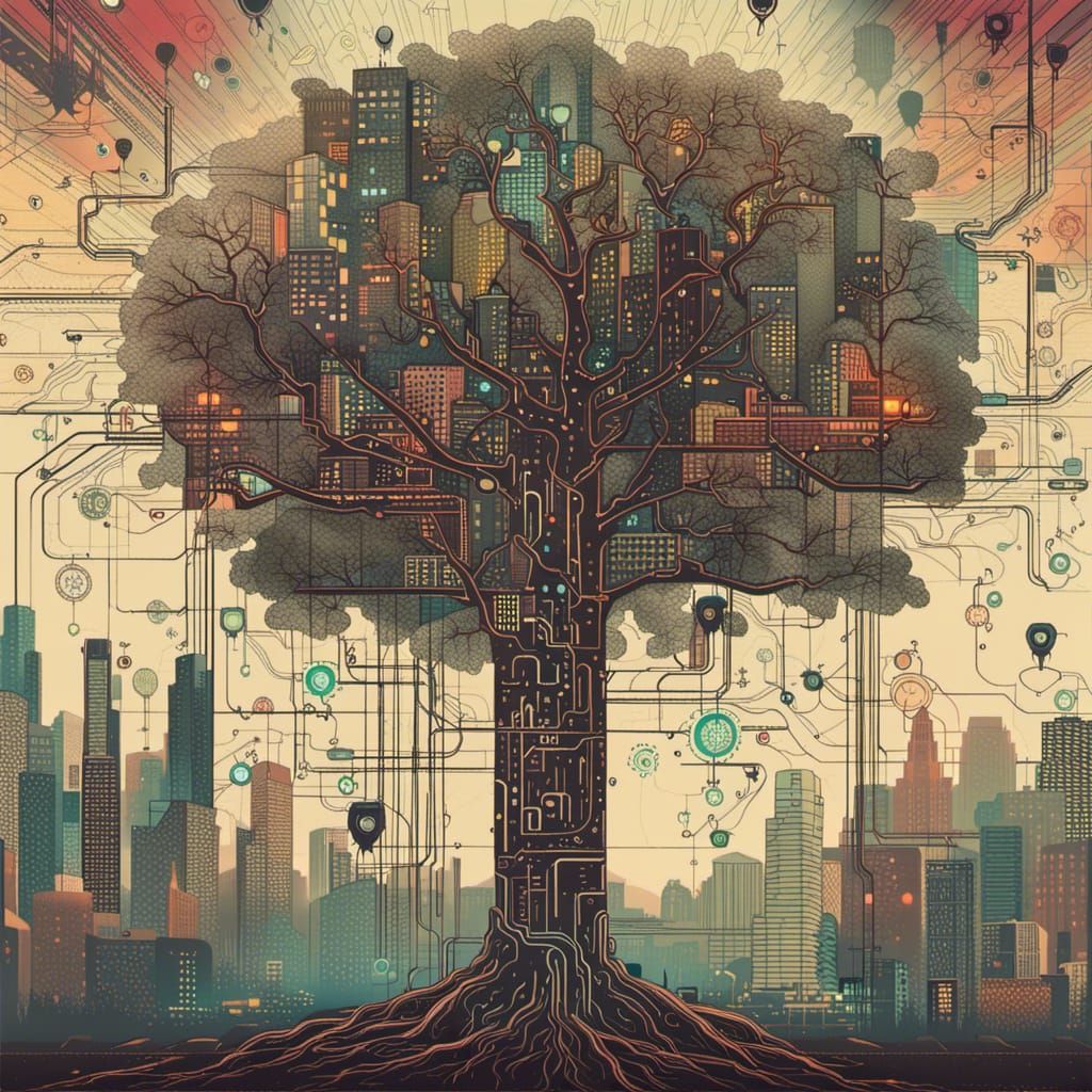 Cyberpunk Tree of Life with Branch Cities