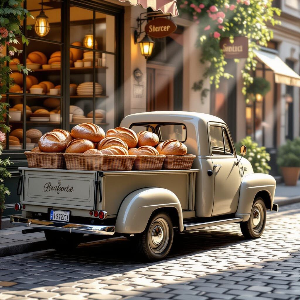 Vintage Bakery Truck Laden With Bread On Cobblestone Street