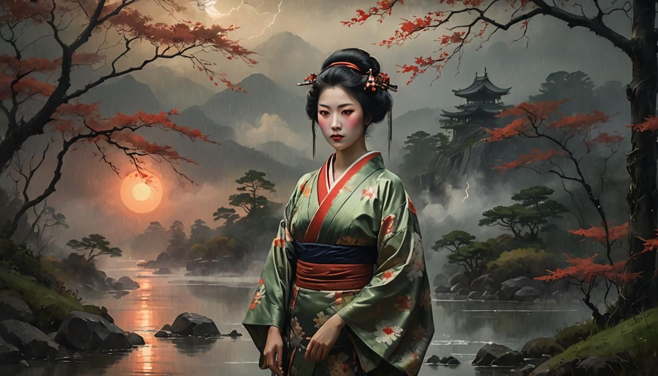Glass Geisha in Nature: Tonalist Oil Painting