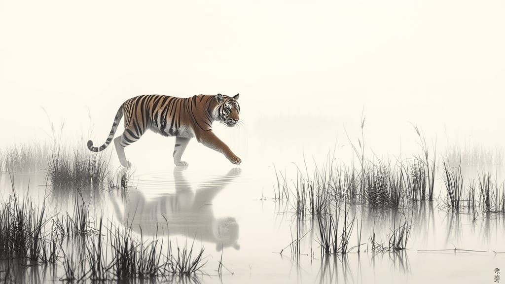 Tiger in Misty Marsh: Japanese Ink Wash Style