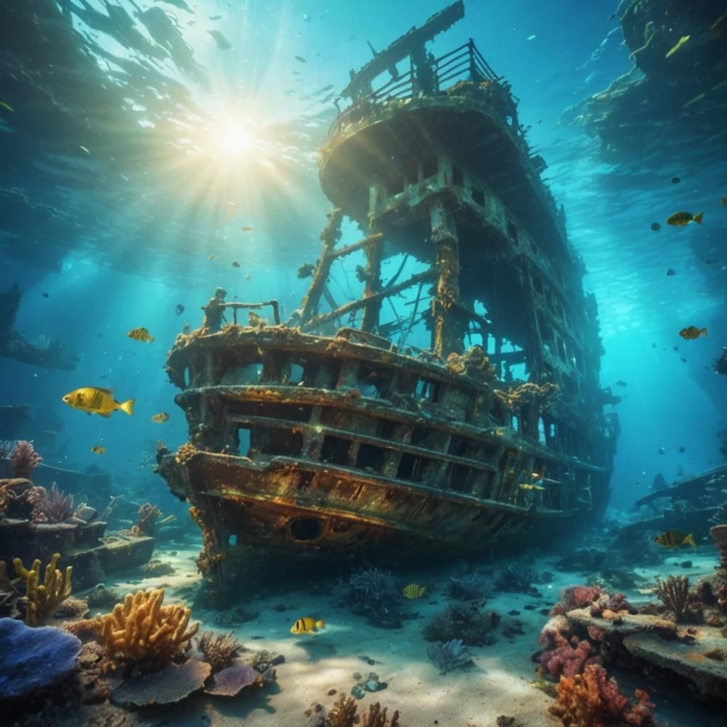 Eerie Shipwreck Scene in Dreamy Underwater Light
