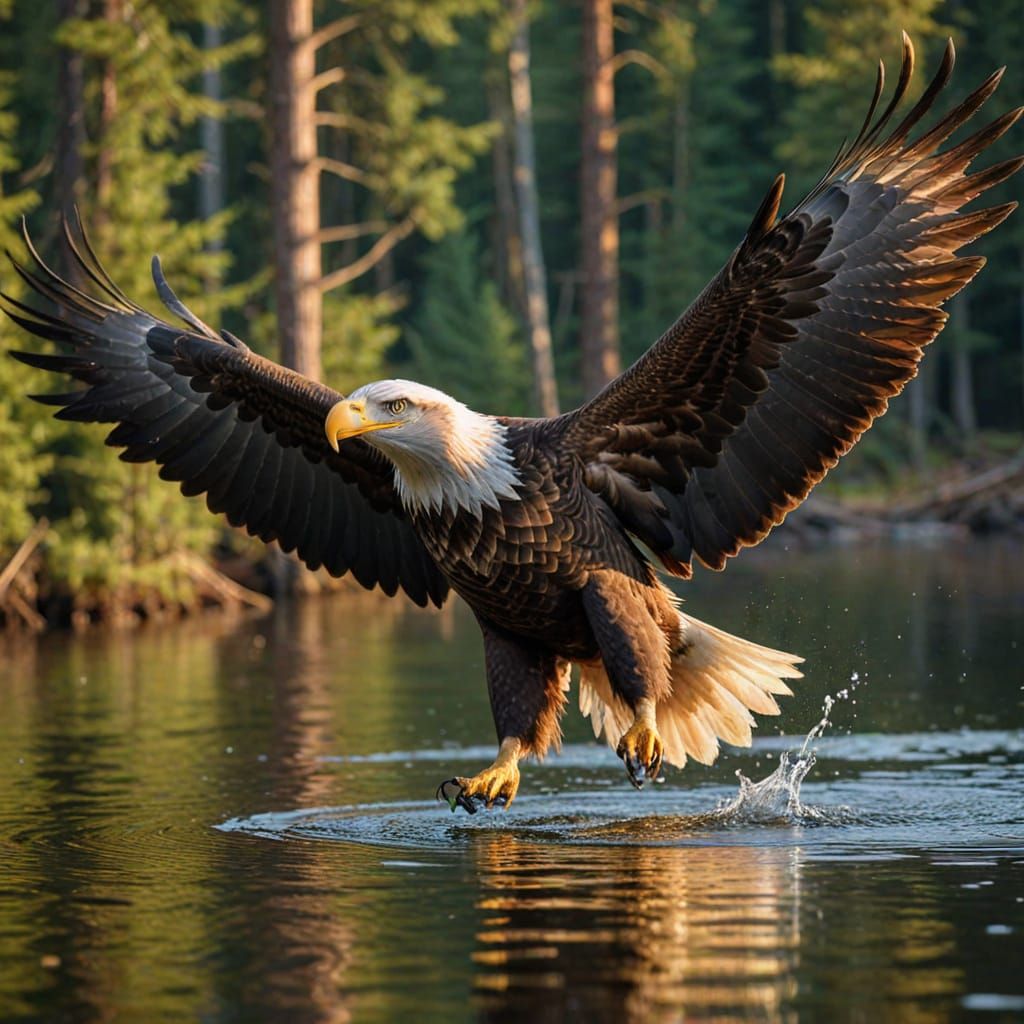 Majestic American Bald Eagle Soars Over Glassy Water