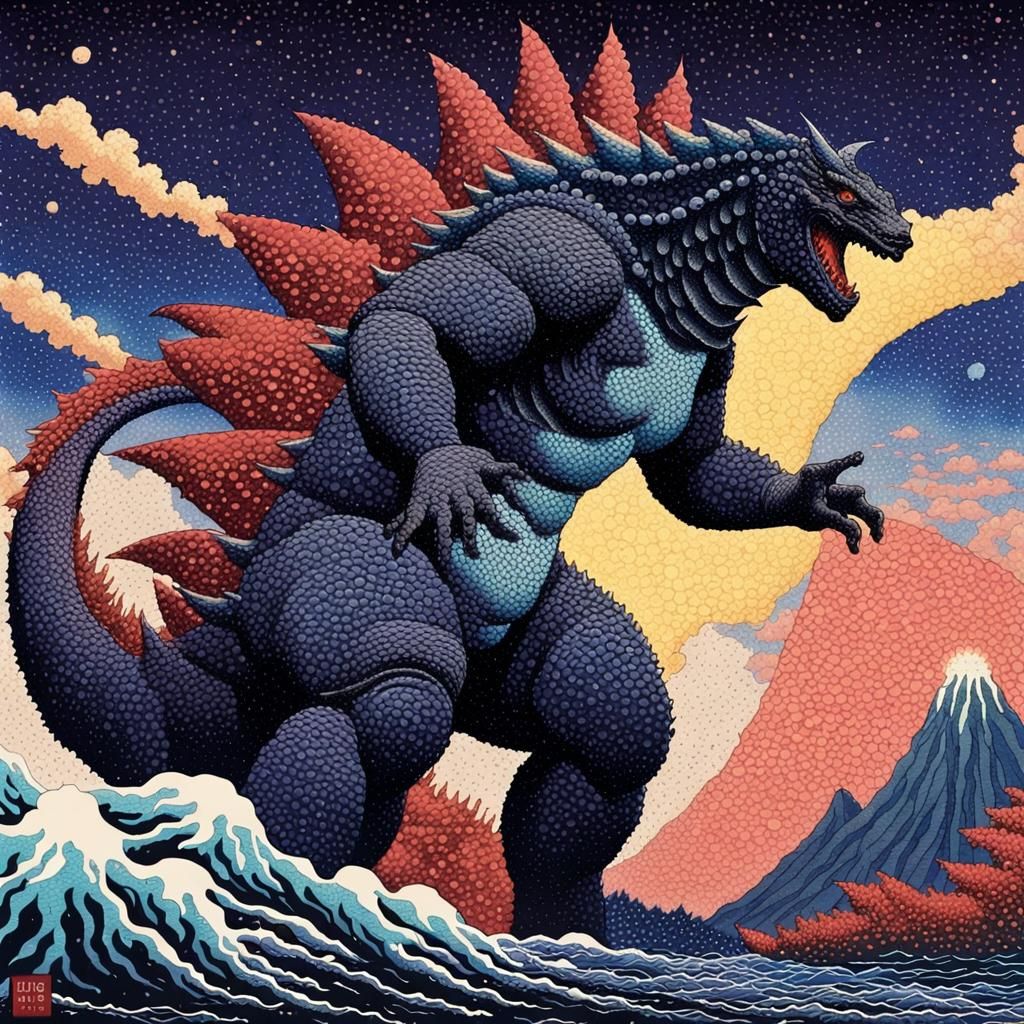 Cosmic Ukiyo-e Godzilla Dreamscape in Pointillism