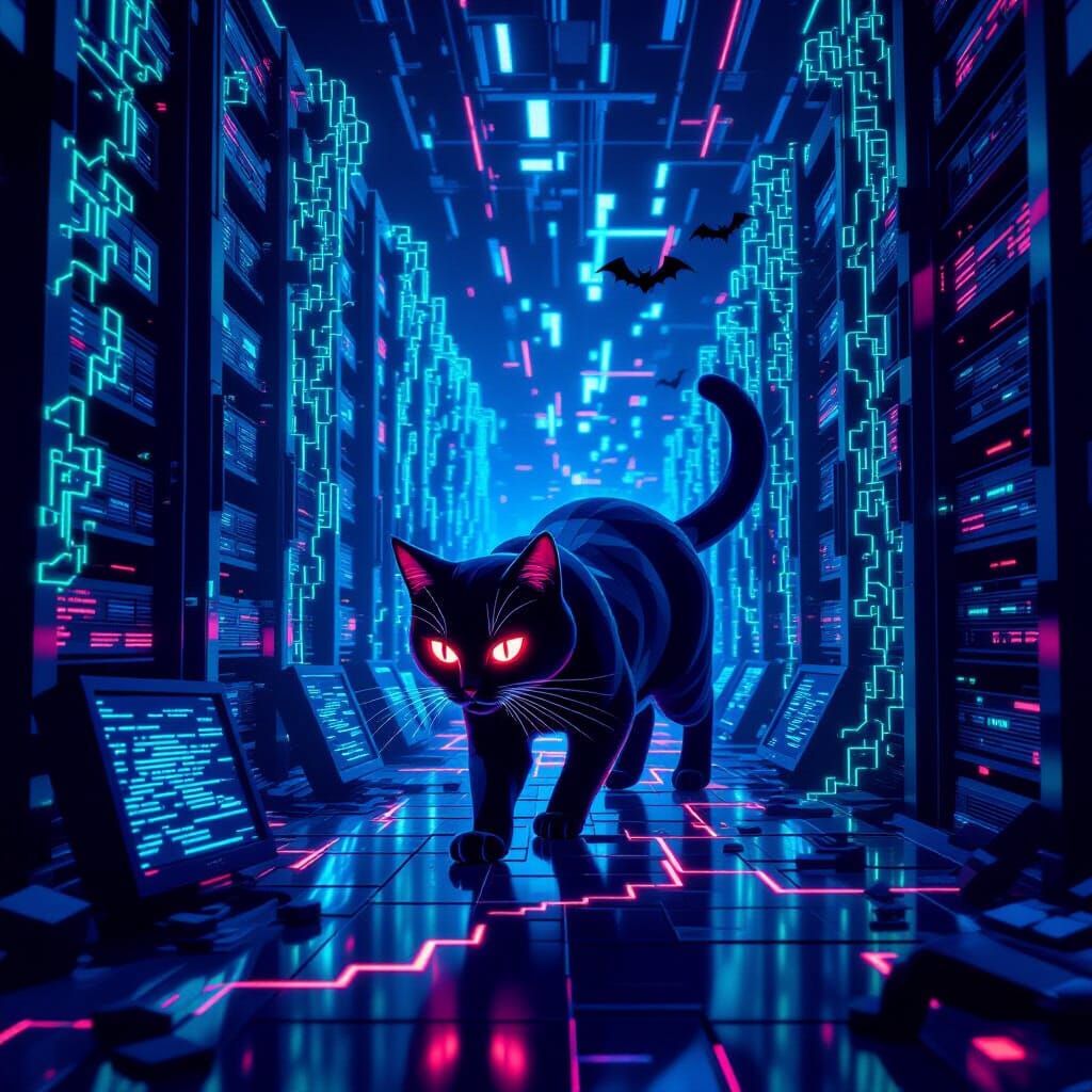 Stealthy Low-Poly Cat in Digital Dungeon