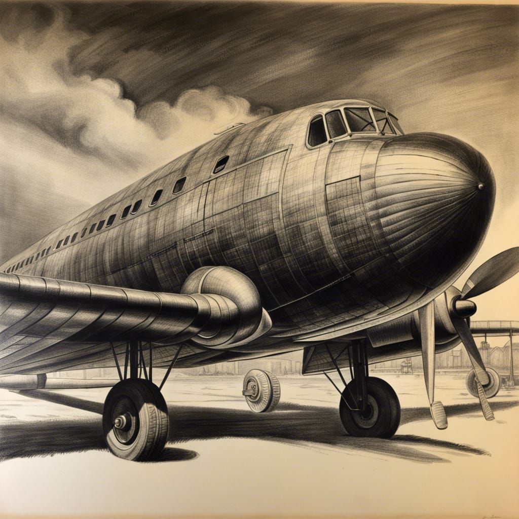 1900s Aeroplane in Hyperdetailed Charcoal Drawing