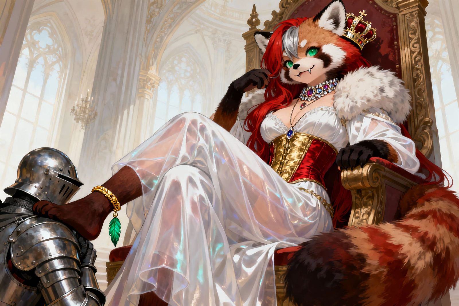 Furry Queen on Throne with Knight in High Fantasy Palace