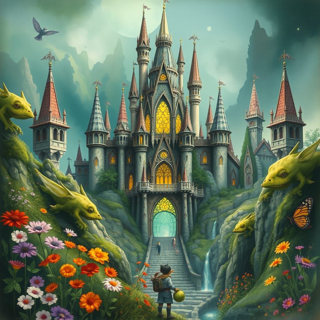 Goblin Kingdom Crystal Castle in Watercolor Style